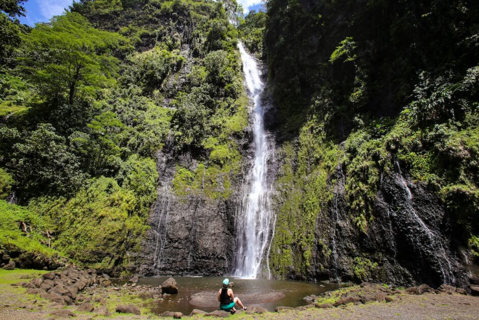Sarah in front of a Waterfall in Tahiti, French Polynesia