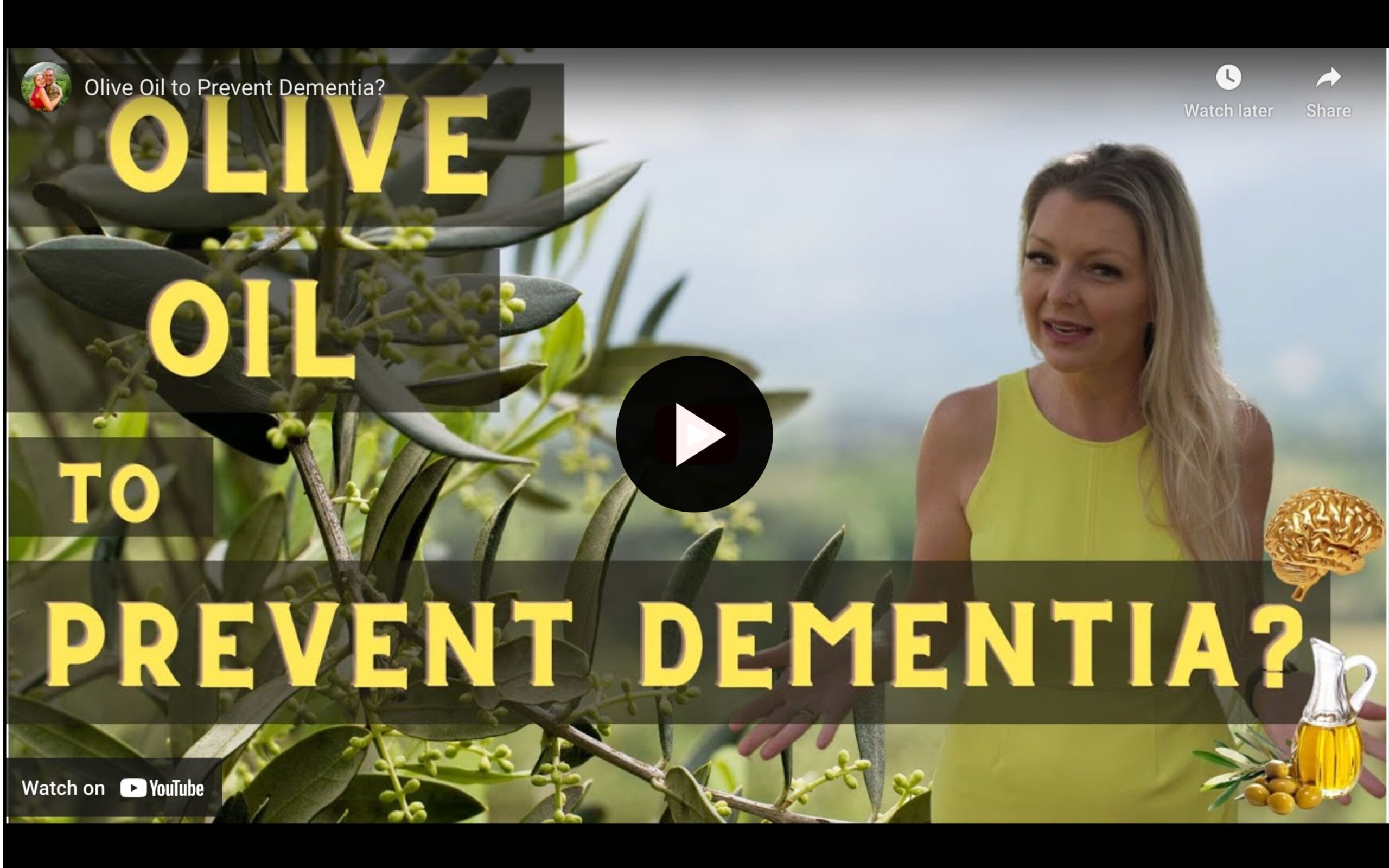 Out of the Doldrums YouTube channel video thumbnail for video titled "Olive oil to prevent dementia?" with a play icon